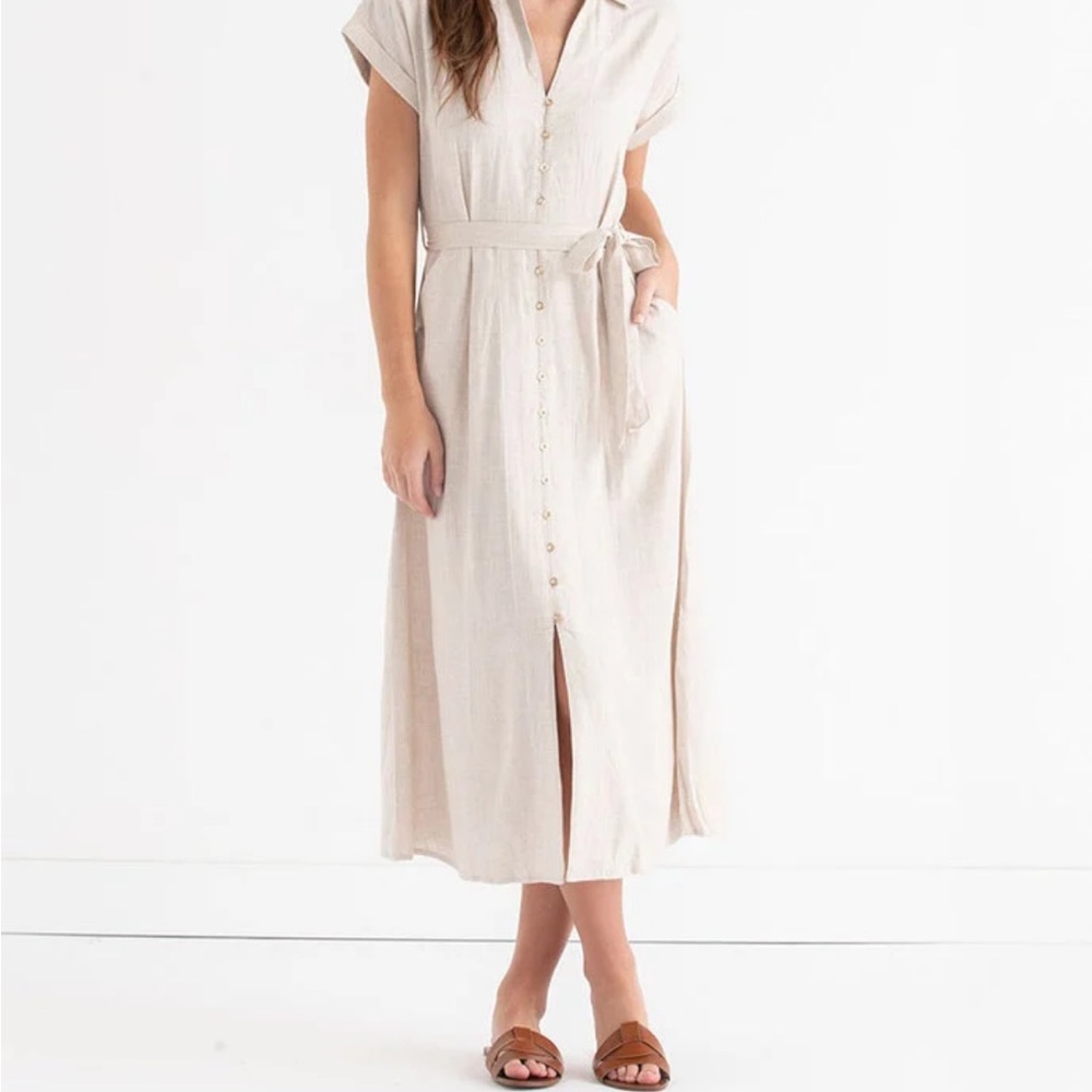 Linen Beige Button-Down Midi Shirt Dress